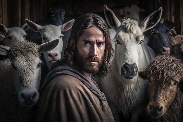 Zdjęcie jezus przy wejściu do wioski ze zwierzętami generative ai