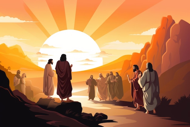 Jezus spaceruje po pustyni ze swoimi uczniami o zachodzie słońca