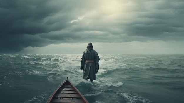 Jezus spaceruje po wodzie nad oceanem w kierunku jednostki pływającej pośród burzy Koncepcja podmiotu biblijnego AI Generated