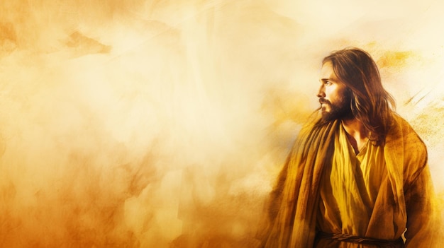 Jezus stoi przed żółtym tłem.
