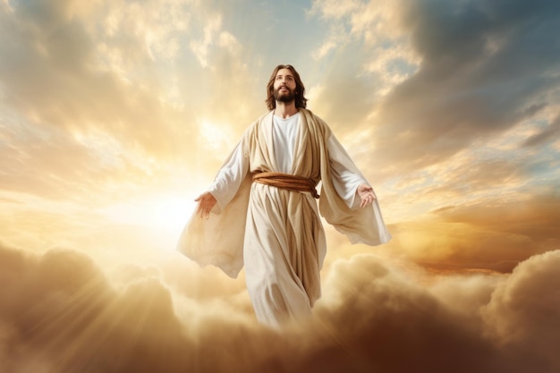 Jezus stoi w obłokach z wyciągniętymi ramionami