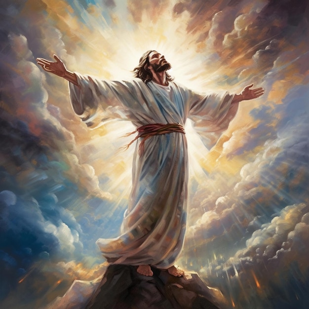 Jezus stojący na skale z niebem za sobą