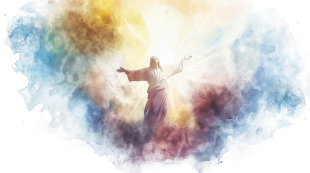 Jezus wznoszący się w chmury w cyfrowym akwarelu na białym tle