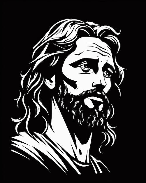 Jezus z długimi włosami i brodą na czarnym tle