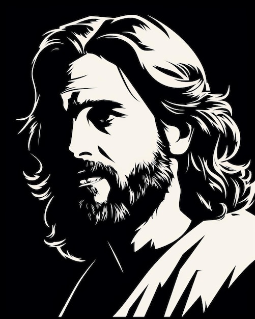 Jezus z długimi włosami i brodą na czarnym tle