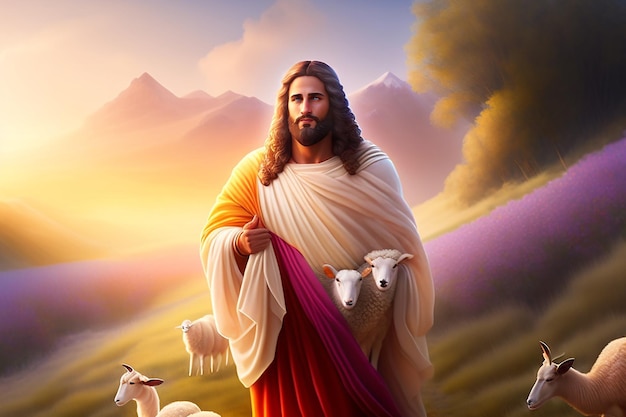 Jezus z owcami Scena biblijna