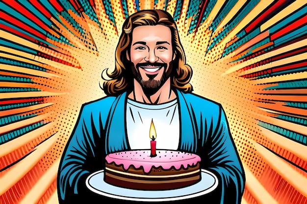 Jezus z tortem urodzinowym Generatywna sztuczna inteligencja w stylu pop-artu, zabawna ilustracja na Boże Narodzenie