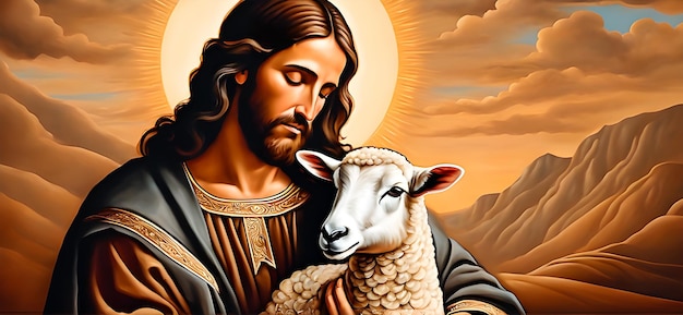 Jezus z zamkniętymi oczami trzyma owcę w stylu malarskim