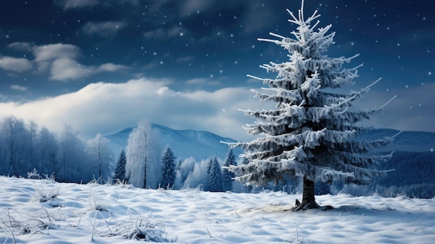 Jodła w zimowym lesie pokryta świeżym śniegiem w mroźny dzień Bożego Narodzenia Piękny zimowy krajobraz