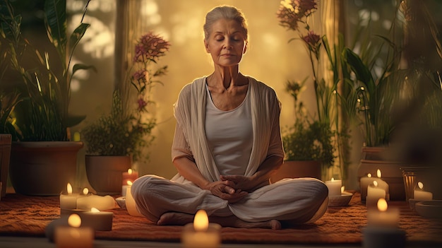 Joga Harmony Starsza kobieta Joga domowa z roślinami i medytacją