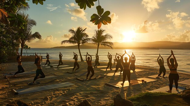 Joga na plaży przy zachodzie słońca Grupa ludzi robi jogę na plaży podczas zachodu słońca
