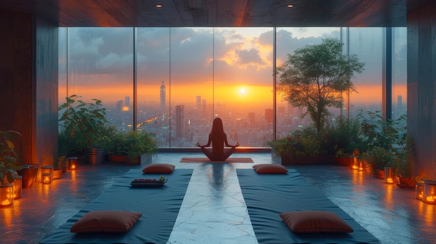 Zdjęcie joga w salonie z panoramicznymi oknami
