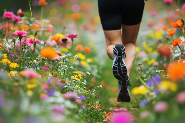 Zdjęcie jogger noszący monitor rytmu serca pośród ścieżki kwiatów