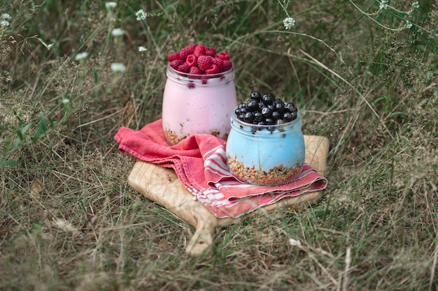 Jogurt Granola z domową jagodą i malinami w szklanym słoju z trawy