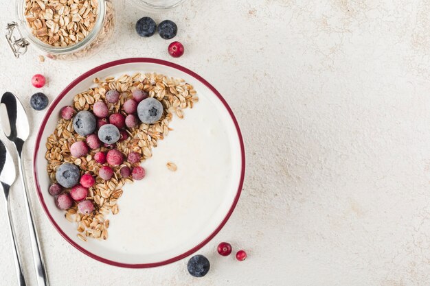 Jogurt grecki z muesli, świeżymi jagodami, żurawiną i miętą w talerzu i dwie łyżki na jasnym tle. Lekkie śniadanie dla diety i fitnessu. Widok z góry z miejscem na kopię tekstu