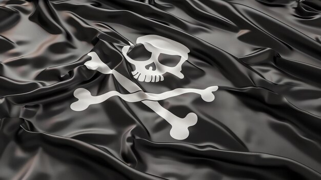 Zdjęcie jolly roger to flaga, która jest często kojarzona z piratami. jest to czarna flaga z białą czaszką i skrzyżowanymi kośćmi.