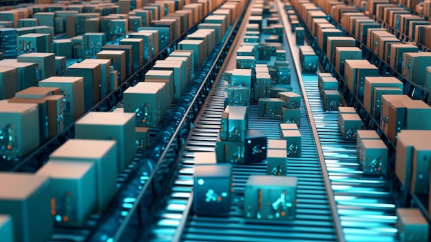 Journey of Delivery Zbliżenie torów kolejowych wypełnionych pudłami Generacyjna sztuczna inteligencja