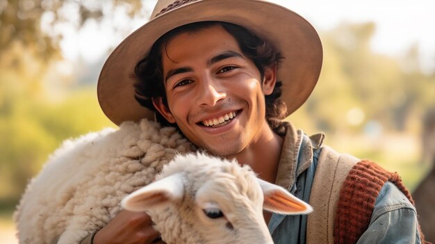 Joven granjero sosteniendo una oveja