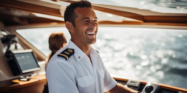 Jowialny kapitan luksusowego jachtu wita pasażerów ciepłym uśmiechem