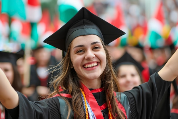 Jubilant absolwent w czapce i szlafroku świętuje sukces wśród kolegów studentów na ceremonii ukończenia studiów