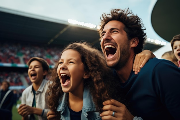 Jubilująca rodzina na stadionie odzwierciedla ogromną radość i podekscytowanie, jakie odczuwają, gdy namiętnie wspierają swoją drużynę w środku meczu