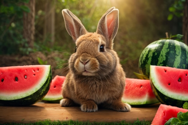 Juicy Delight Fotorealistyczne zbliżenie uroczego królika delektującego się arbuzem