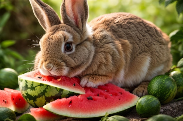 Juicy Delight Fotorealistyczne zbliżenie uroczego królika delektującego się arbuzem