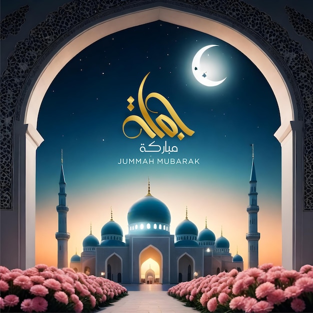 Zdjęcie jummah mubarak na selektywnym fokusie masjid i tło kwiatowe z arabską kaligrafią złoty tłumaczenie
