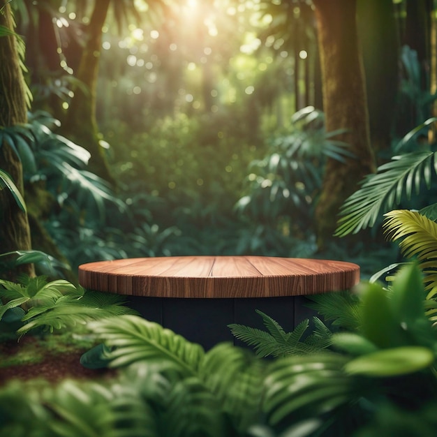 Jungle Serenity prezentuje produkty na okrągłym drewnianym podeście w otoczeniu bujnej dżungli generatywnej sztucznej inteligencji