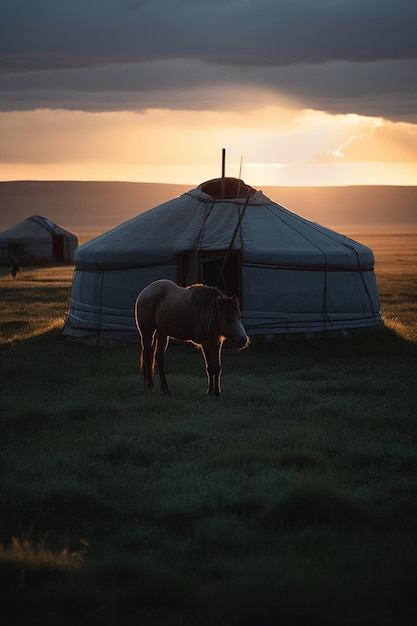 Jurta w górach mongolii z koniem przed nim.