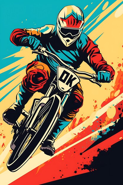 Zdjęcie k1 bmx racing action and thrills odważny schemat kolorystyczny z kontrami płaski 2d sport art poster