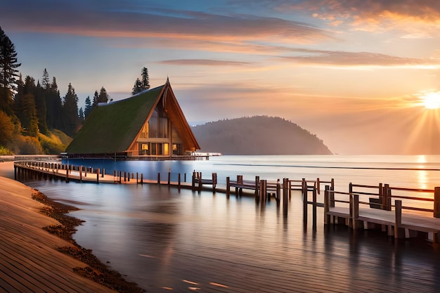 Kabina na brzegu jeziora tahoe o zachodzie słońca