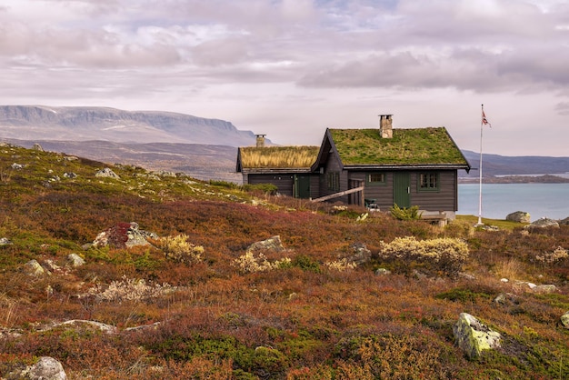 Kabina z dachem z darni w pobliżu Parku Narodowego Hardangervidda w Norwegii
