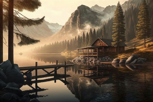 Zdjęcie kabina znajduje się u podnóża wysokich gór nad jeziorem o wschodzie słońca generowana przez sztuczną inteligencję