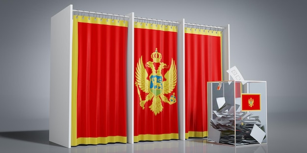 Kabiny wyborcze w Czarnogórze z flagą kraju i ilustracją urny wyborczej w 3D