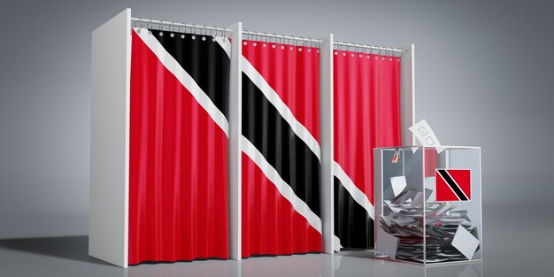 Kabiny wyborcze w Trynidadzie i Tobago z flagą kraju i ilustracją urny wyborczej w 3D