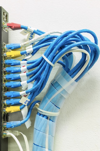 Kable światłowodowe podłączone do data center, kablowy, światłowodowy, sieć telekomunikacyjna. W systemach komunikacji cyfrowej jest Link.