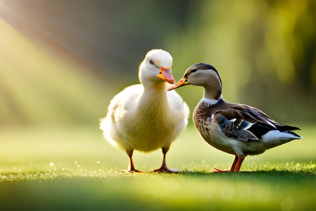 Kaczka i kaczka na zielonym trawniku