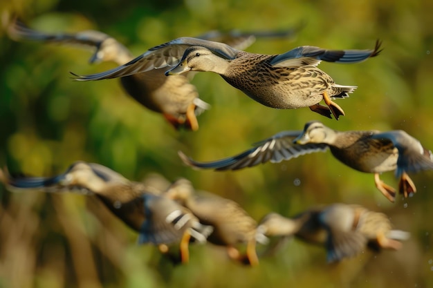 Zdjęcie kaczki lądują małe stado samic kaczek gadwall zamknięte w locie gotowe do lądowania