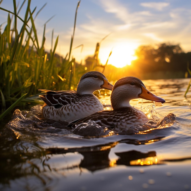 kaczki pływające w rzece o zachodzie słońca