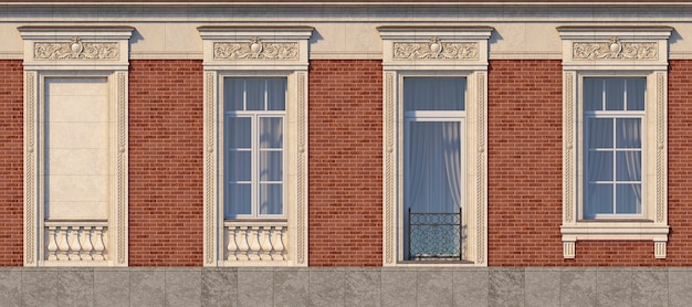 Kadrowanie okien w stylu klasycznym na ścianie z czerwonej cegły. Renderowania 3d.