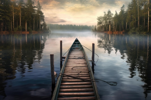 Zdjęcie kajak przywiązany do drewnianej przystani na spokojnym jeziorze stworzonym za pomocą generatywnej sztucznej inteligencji