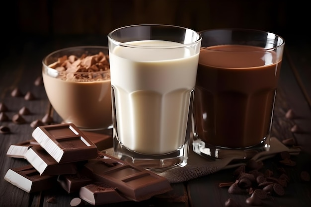 Kakao i mleko ozdobione tabliczkami czekolady Generative AI