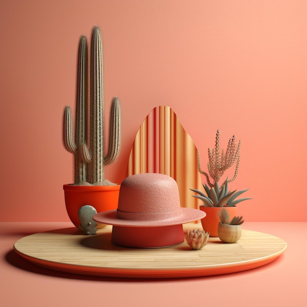 kaktus i kapelusz leżą na stole z innymi roślinami.