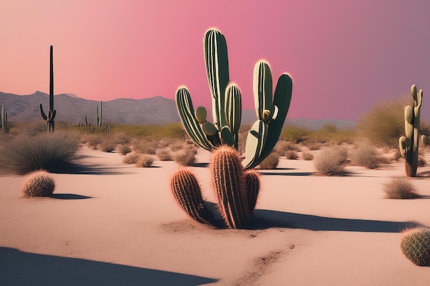 Kaktus na pustyni Kaktus w pustyni z kaktusami i różowym niebem