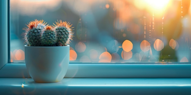Zdjęcie kaktus na szybie okna w słoneczny dzień ogrodnictwo zielone rośliny generatywna sztuczna inteligencja