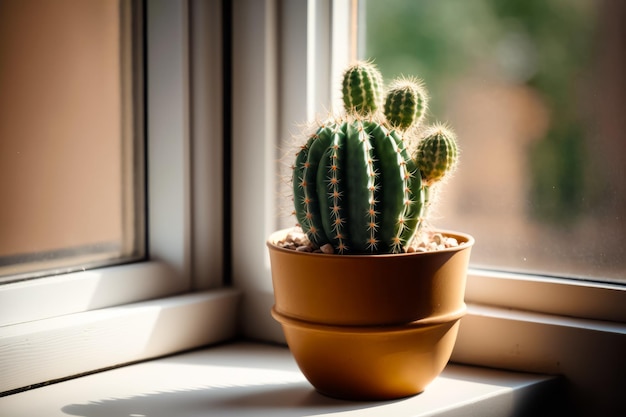 Kaktus w doniczce siedzi na parapecie obok okna Generative AI