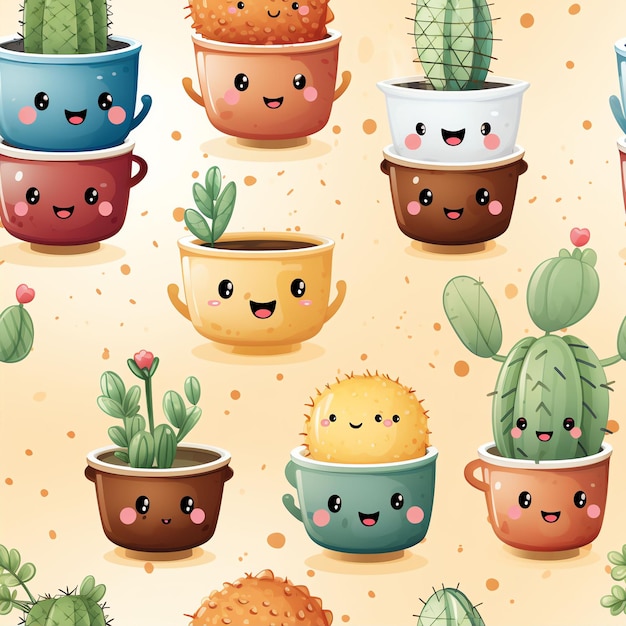 Kaktus w filiżance z szczęśliwym wyrażeniem wzorem