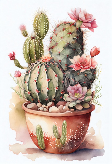 Kaktus z kwiatami na garnku