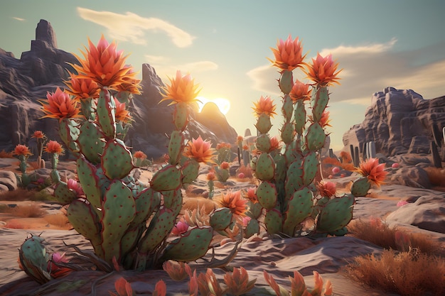 Kaktus z kwiatami na pustyni